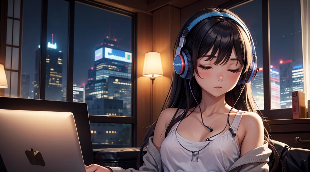 Girl with headphones enjoying music in a home　I am studying　Emphasize a little bit of the big chest　Looking towards me with eyes closed　Night Background