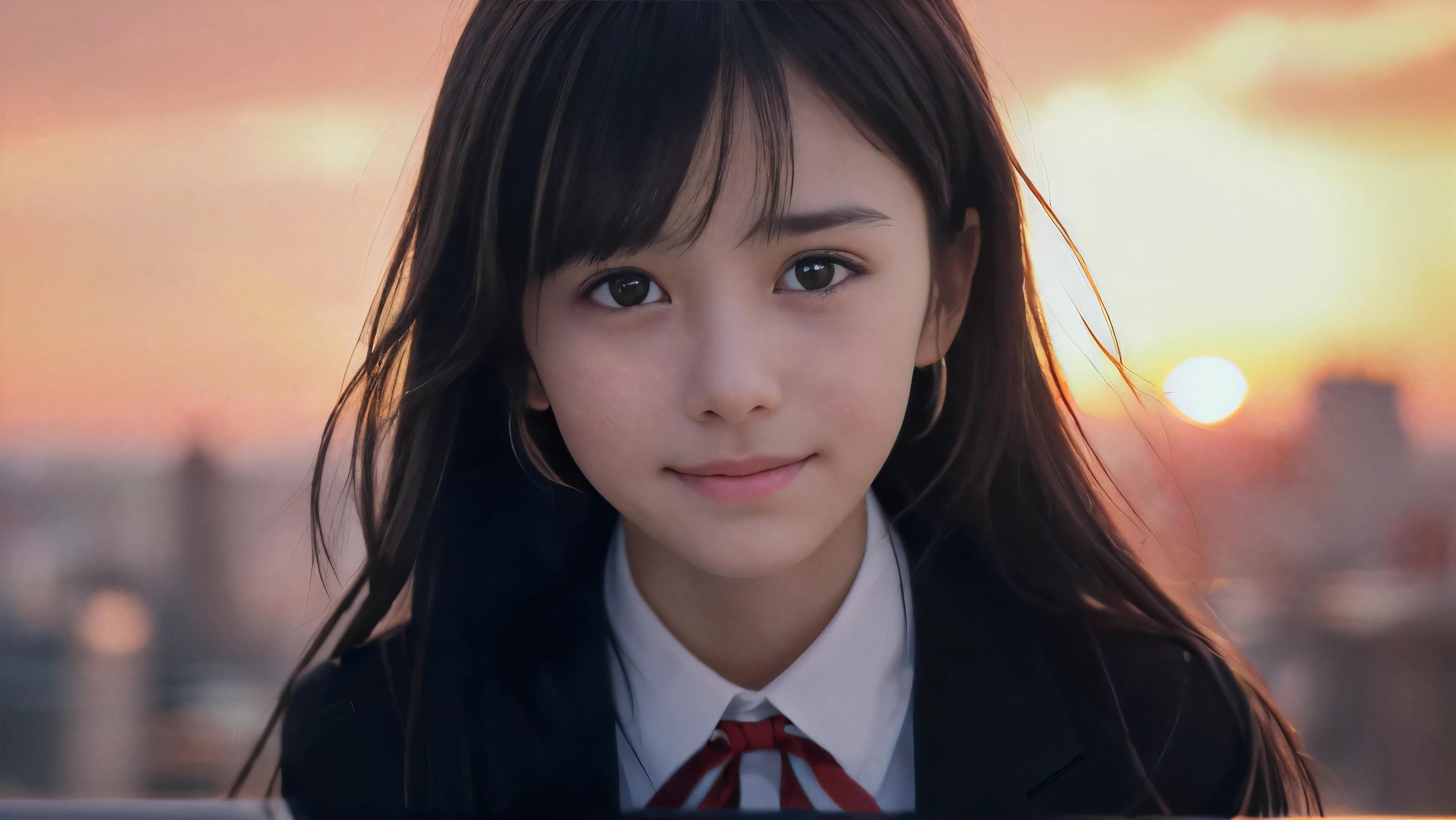 (Close up face shot of one slender small breasts two side up black medium hair bangs girl with crying little smile face in long sleeves black school uniform:1.5)、(One girl is facedown at sunset red sky with her face is reflected sunset light and her hair is blowing in long sleeves black school uniform:1.5)、(Beautiful red sunset sky at skyscraper city landscape:1.5)、(8k ultra detailed master piece:1.5)、(Natural lighting:1.5)、(perfect anatomy:1.5)、(Photorealistic stick:1.5)、(Raw photo:1.3)、(highest quality:1.5)、(High resolution:1.3)、(Delicate and beautiful perfect face:1.3)、(Delicate and beautiful eye air skin:1.3)、(Real Human Skin:1.3)、((thin legs))
