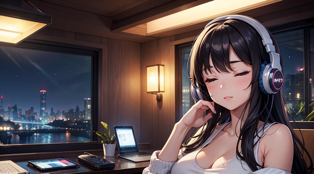 Girl with headphones enjoying music in a home I am studying Emphasize a little bit of the big chest Looking towards me with eyes closed Night Background