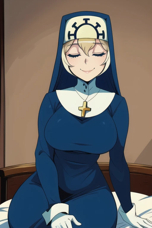 Double, short blonde hair, medium breasts, solo, smiling, cowboy shot, closed eyes,
blue habit, cross necklace ,white gloves, long sleeves, nun,
(insanely detailed, beautiful detailed face,beautiful detailed eyes, masterpiece, best quality) room, bedroom, sitting, low angle