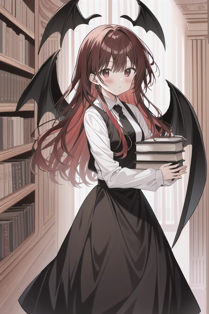 Koakuma, Alone, looking at viewer, Serious, holding book, bookshelf
 