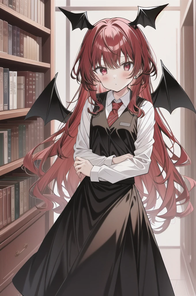 Koakuma, Alone, looking at viewer, Serious, holding book, bookshelf
 