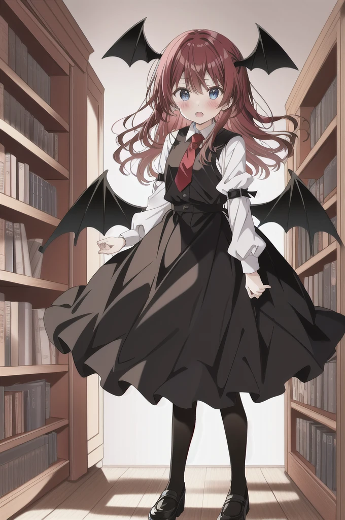 Koakuma, Alone, looking at viewer, Serious, holding book, bookshelf
 