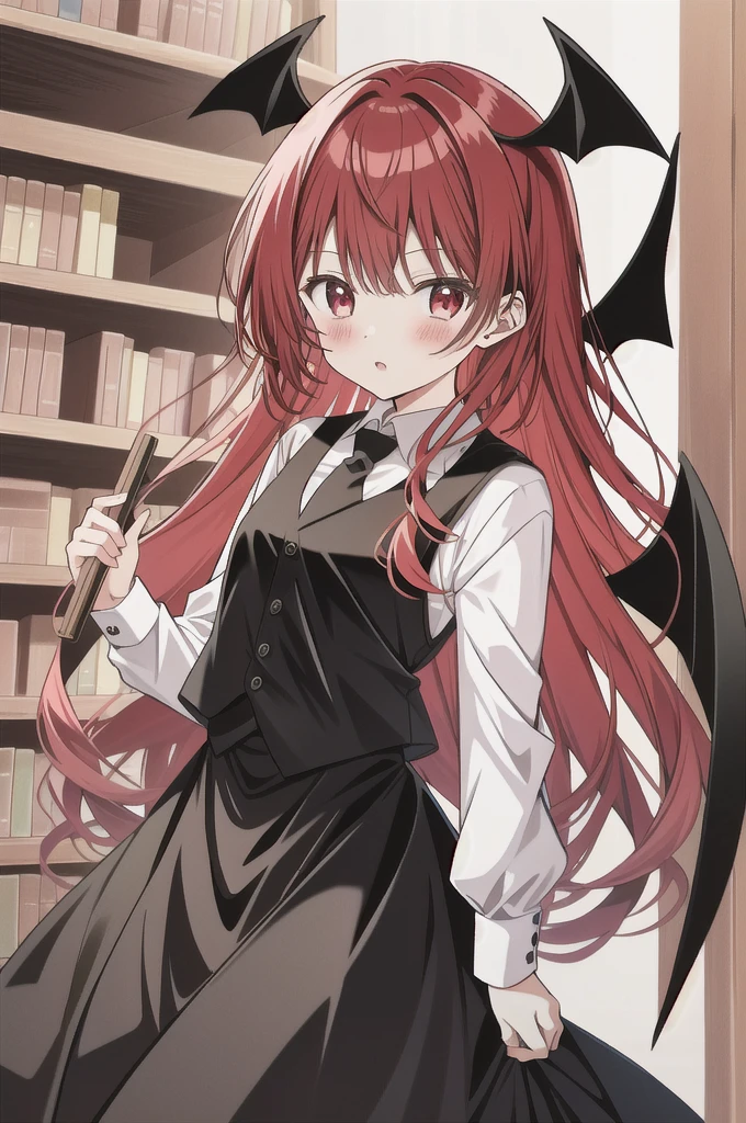 Koakuma, Alone, looking at viewer, Serious, holding book, bookshelf
 