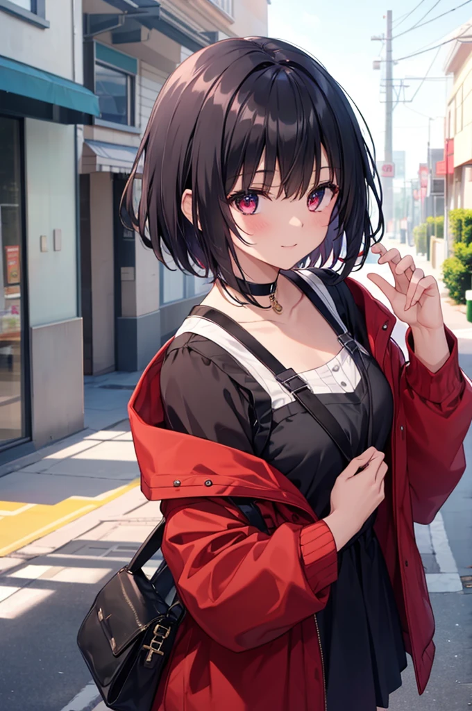 (masterpiece, highest quality, highest quality, (No text), Beautiful and aesthetic:1.2),No text,アニメ、BREAK,One Girl,Black Hair Girl short hair older sister choker Tree Eyes Beautiful eyes Red eyes cool smile Red and Black Black jacket mini skirt whole body In town