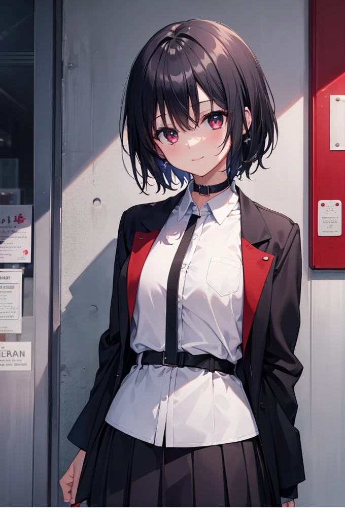(masterpiece, highest quality, highest quality, (No text), Beautiful and aesthetic:1.2),No text,アニメ、BREAK,One Girl，Black Hair Girl　short hair　older sister　choker　Tree Eyes　Beautiful eyes　Red eyes　cool　smile　Red and Black　Black jacket　mini skirt　whole body　In town