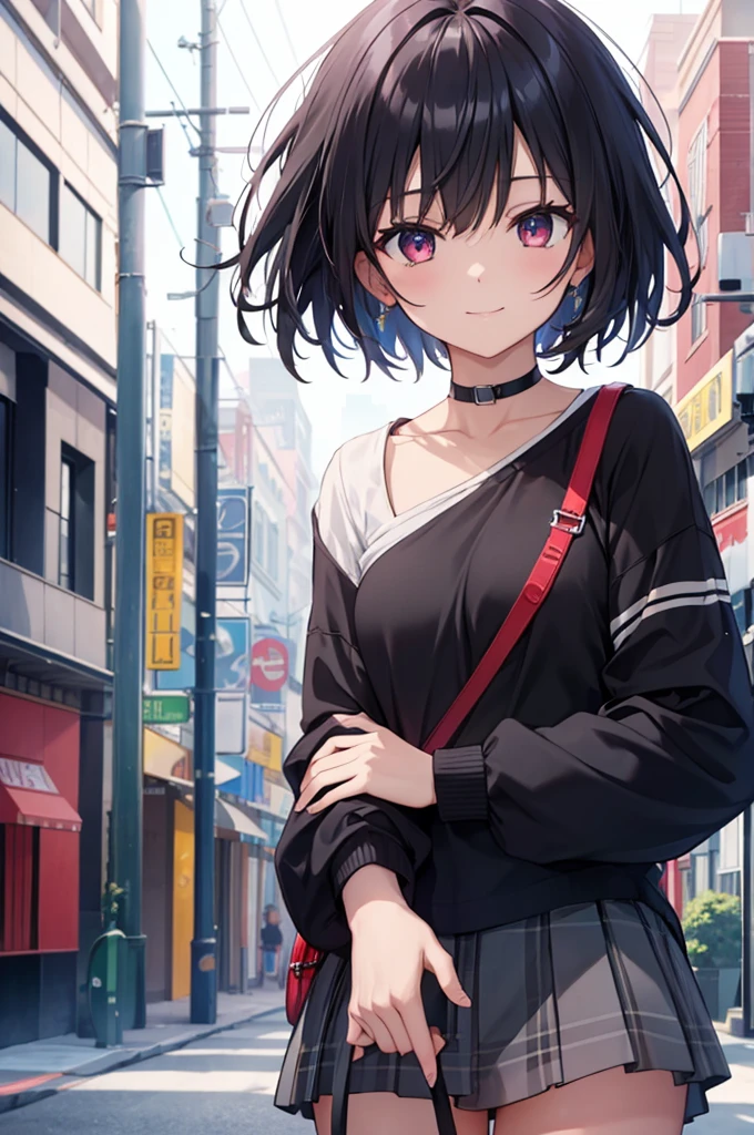 (masterpiece, highest quality, highest quality, (No text), Beautiful and aesthetic:1.2),No text,アニメ、BREAK,One Girl,Black Hair Girl short hair older sister choker Tree Eyes Beautiful eyes Red eyes cool smile Red and Black Black jacket mini skirt whole body In town