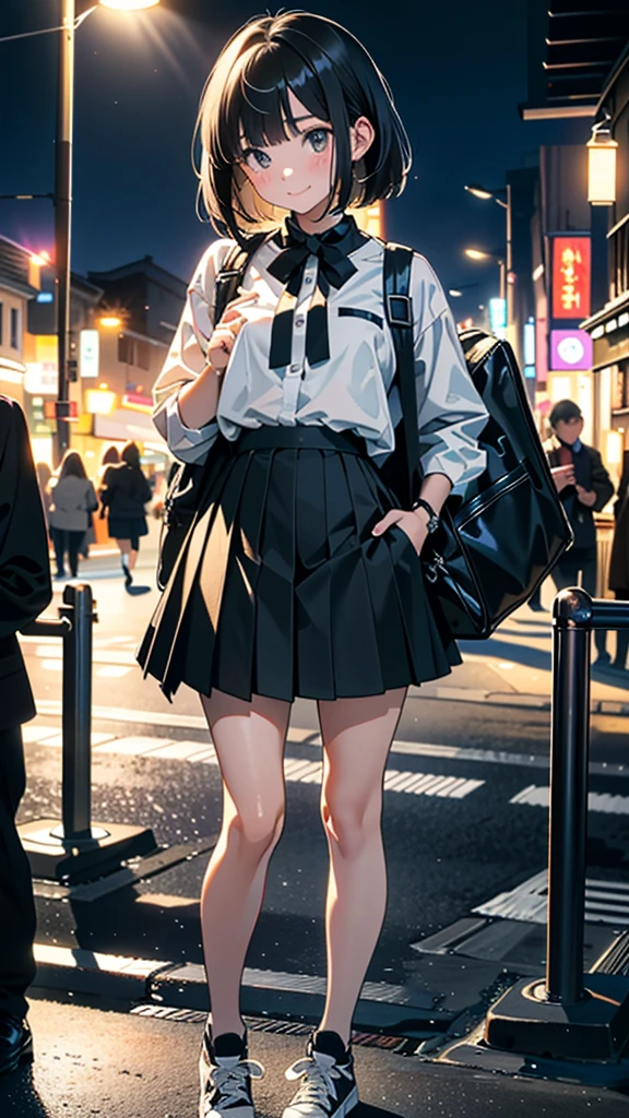 (8K, RAW Photos, 最high quality, masterpiece:1.2), high qualityのRAWカラー写真, Professional photo shoot, Cinematic Light, alone, (((young woman, Gal))), (Sharp features), (Small face), (Skin with attention to detail:1.2), clavicle, Cute face, Beautiful appearance, Long eyelashes,Girl Turning Around, smile, (Black Hair, Bobcut、), open white shirt、Belly button, Very short grey pleated mini skirt, Black sneakers, Backpack, Night Park, Confident attitude, Capture the happy moment, Artistic painting,Attractive thighs, (Very nice touch:1.2),はにかんだsmile), Peaceful atmosphere, Oil painting style, Bright colors, (Are standing:1.5, Townscape at night, Full body portrait), Smooth texture, Gazing Eyes, Beautiful Skin, Shiny skin, ((Perfect Fingers, Five Fingers, Anatomically correct)), Background Blur, high quality, Surreal, ((Very detailed, photo shoot)),Many people々、blush、plump、White skin、A bag with lots of stuffed toys、Selfie angle、Beautiful eyes