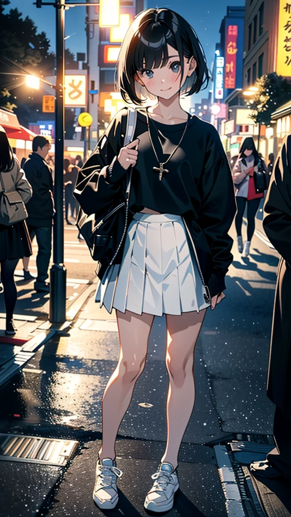 (8K, RAW Photos, 最high quality, masterpiece:1.2), high qualityのRAWカラー写真, Professional photo shoot, Cinematic Light, alone, (((young woman, Gal))), (Sharp features), (Small face), (Skin with attention to detail:1.2), clavicle, Cute face, Beautiful appearance, Long eyelashes,Girl Turning Around, smile, (Black Hair, Bobcut、), open white shirt、Belly button, Very short grey pleated mini skirt, Black sneakers, Backpack, Night Park, Confident attitude, Capture the happy moment, Artistic painting,Attractive thighs, (Very nice touch:1.2),はにかんだsmile), Peaceful atmosphere, Oil painting style, Bright colors, (Are standing:1.5, Townscape at night, Full body portrait), Smooth texture, Gazing Eyes, Beautiful Skin, Shiny skin, ((Perfect Fingers, Five Fingers, Anatomically correct)), Background Blur, high quality, Surreal, ((Very detailed, photo shoot)),Many people々、blush、plump、White skin、A bag with lots of stuffed toys、Selfie angle、Beautiful eyes