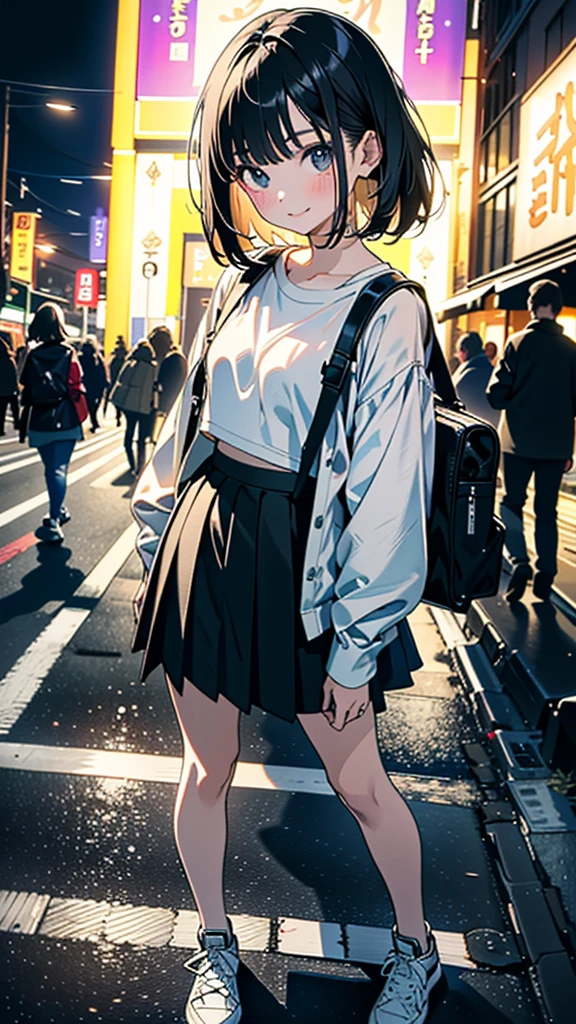 (8K, RAW Photos, 最high quality, masterpiece:1.2), high qualityのRAWカラー写真, Professional photo shoot, Cinematic Light, alone, (((young woman, Gal))), (Sharp features), (Small face), (Skin with attention to detail:1.2), clavicle, Cute face, Beautiful appearance, Long eyelashes,Girl Turning Around, smile, (Black Hair, Bobcut、), open white shirt、Belly button, Very short grey pleated mini skirt, Black sneakers, Backpack, Night Park, Confident attitude, Capture the happy moment, Artistic painting,Attractive thighs, (Very nice touch:1.2),はにかんだsmile), Peaceful atmosphere, Oil painting style, Bright colors, (Are standing:1.5, Townscape at night, Full body portrait), Smooth texture, Gazing Eyes, Beautiful Skin, Shiny skin, ((Perfect Fingers, Five Fingers, Anatomically correct)), Background Blur, high quality, Surreal, ((Very detailed, photo shoot)),Many people々、blush、plump、White skin、A bag with lots of stuffed toys、Selfie angle、Beautiful eyes
