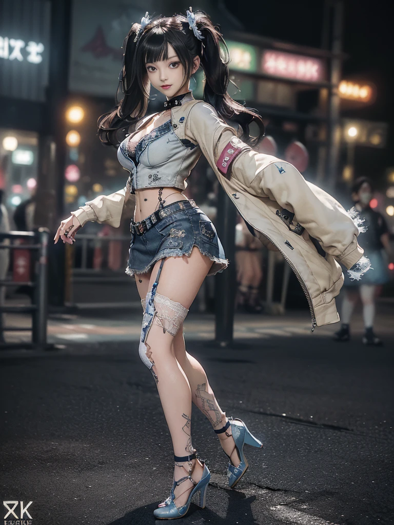 (Full Body View:1.ide view:1.2)、(Sg with teeth showing:1.3),(Shibuya Gal:1.5)、(Hostess:1.4)、(Neo-goth fashion:1.5)、(Punk RockVisual Kei:1.3)、(Futuristic bodysuit in white, beige and denim with embellishments:1.5)、(A delicate short jacket in denim, beige and navy:1.5)、(Denim garter belt:1.5)、(Tattered denim and a white micro mini skirt:1.3)、(Heart-shaped silver accessories:1.5)、(Brown Skin Belt:1.4)、(Blue High Heels:1.4)、(Lace patterned underwear:1.4)、20-year-old、NSFW,((Highest quality、In 8K、masterpiece:1.3))、Sharp :1.2、(Layered Cut、Huge boobs:1.1),Beau woman with perfect figure:1.4、(Doing an aerobics pose:1.3)、Slender Abs:1.2、BHighly detailed facd skin texture、Detailed eyes、double eyelid,(Twin tails:1.3)、(Black brown hair:1.3)、Obscene、Gravure idol、(Luxurious amusement park at night:1.3)、(Make your legs thinner:1.4)、(Thin thighs:1.4)、(Slim body:1.3)、(clavicle