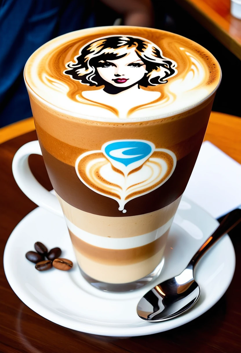 A cup of coffee latte art depicting Taylor Swift's face and hairstyle, Placed on a white marble table in a cafe. Complex and detailed design, Demonstrating the artist's technique for creating elegant patterns using foam and milk,To form her iconic profile. This artistic expression fits the aesthetic vision of your social media brand, The creative style of latte art is .