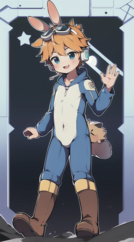 2D Shonen Shota,One-piece mountaineering suit,Slim, healthy body,Put the headphones on your head,stand up,goggles,Rabbit ears,Happy,Sailor collar,boots,charming,Akimbo