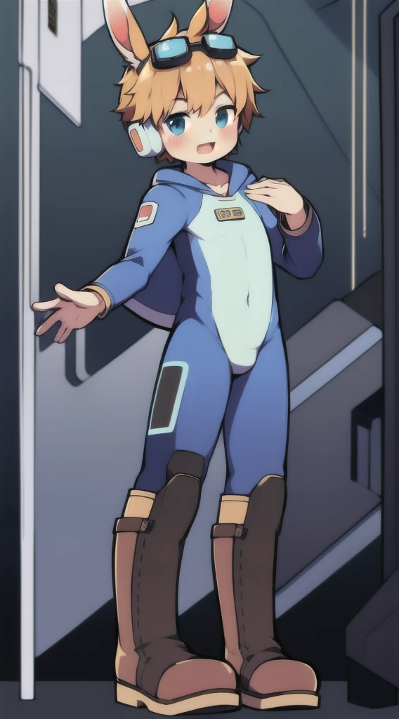 2D Shonen Shota，One-piece mountaineering suit，Slim, healthy body，Put the headphones on your head，stand up，goggles，Rabbit ears，Happy，Sailor collar，boots，charming，Akimbo