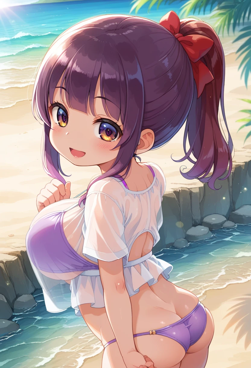score_9,score_7_up, score_6_up, 1girl, source_cartoon, source_anime,breathtalking Scenery,watercolor,smooth soft skin, natural skin,watercolor, anime screencap,mjm,brs
BREAK
(:1.9),(little female child:1.9),(oppai loli), (large breasts:1.3),(disproportionate breasts:1.5),(loli tod:1.4),(mini girl:1.3),(4 yo:1.3),(Toddler body:1.4),(muffin top:0.8),(preschooler:1.1),(infant:1.1),(baby face),round face,
BREAK
high ponytail,(reddish purple hair:1.7),highlight on eyes,(purple eyes:1.1),diagonal bangs,(smug face:1.2),doyagao,open mouth, ultra cute face,kawaii,skindantation,oily skin, beautiful eyes, detailed eyes,happy,puffy eyes, smile,
BREAK
(see through over-sized extra long:1.2) t-shirt, short sleeves, (shadows of body:1.5),background over (transparent thin:1.2) over-sized extra big shirt,((back light:1.5),(bikini:0.9),sun set,
BREAK
dynamicpose,sea,wave,island,tropical,dynamicangle,breathtalking background, outdoors,pastelcolor,