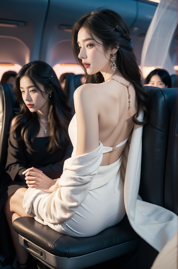 (((best quality))),(((ultra detailed))),(((masterpiece))),illustration,(a beautiful girl,female passenger,solo),(parted red lips),((slim,thin)),((bare back,towering hips,butt crack)),((earrings,crystal necklace)),(slender legs:1.2),(sitting on the seat:1.2),summer night,((in airplane,economy class,indoor)),(blanket over shoulders:1.3),((dress)),(shoulder length straight bob hair:1.2),stars,moonlight,smooth flight,engine sound,lullaby,relaxed,excited,laughing,visiting family,comfortable seats,soft fabric,headrests,adjustable,beauty of night sky,dimmed lights,sleeping passengers,movies,personal screens,staying awake,magic of sky,joy of being with family,memorable journey,adventures,(surrounded by crowded crowds:1.3),(Outside the window is high-altitude night view:1.2),((from back,upper body))