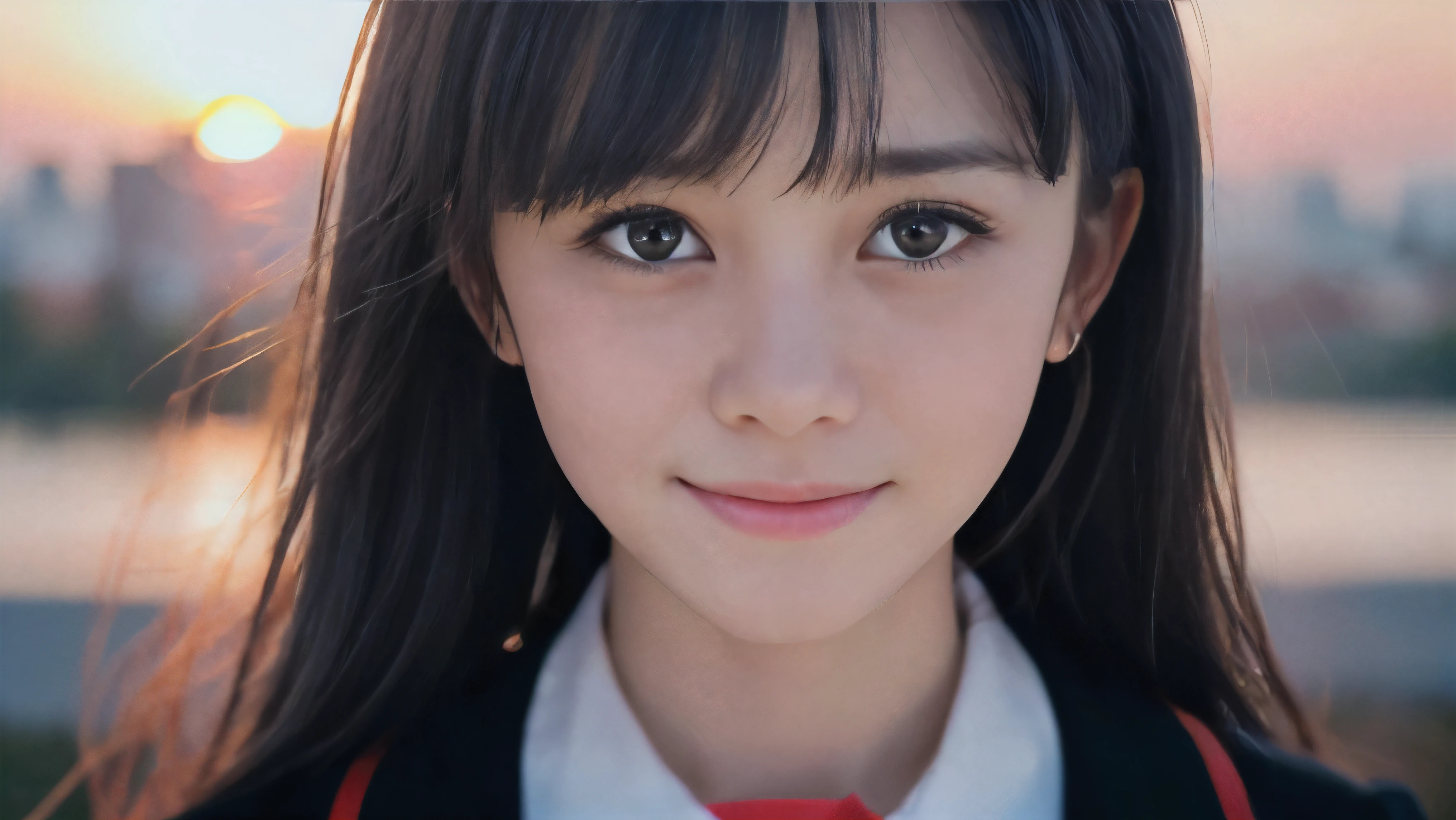 (Close up face shot of one slender small breasts two side up black medium hair bangs girl with crying little smile face in long sleeves black school uniform:1.5)、(One girl is facedown at sunset red sky with her face is reflected sunset light and her hair is blowing in long sleeves black school uniform:1.5)、(Beautiful red sunset sky at skyscraper city landscape:1.5)、(8k ultra detailed master piece:1.5)、(Natural lighting:1.5)、(perfect anatomy:1.5)、(Photorealistic stick:1.5)、(Raw photo:1.3)、(highest quality:1.5)、(High resolution:1.3)、(Delicate and beautiful perfect face:1.3)、(Delicate and beautiful eye air skin:1.3)、(Real Human Skin:1.3)、((thin legs))