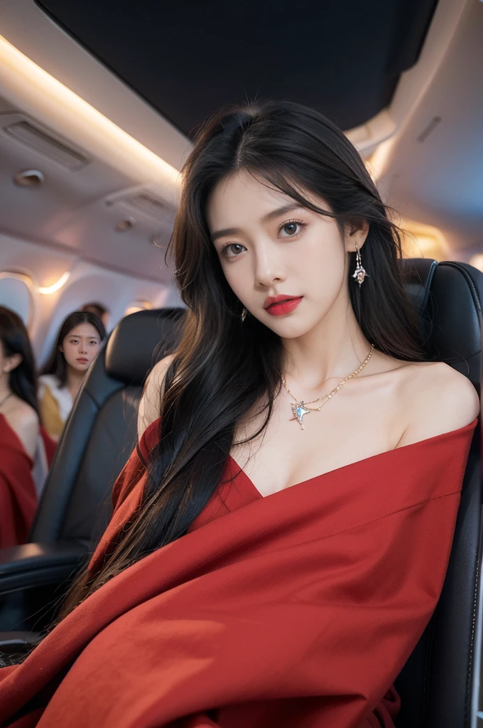 (((best quality))),(((ultra detailed))),(((masterpiece))),illustration,(a beautiful girl,female passenger,solo),(parted red lips),((slim,thin,small breasts,flat chest)),((earrings,crystal necklace)),(slender legs:1.2),(spread legs apart:1.3),summer night,((in airplane,economy class,indoor)),(blanket over shoulders:1.3),((dress)),(shoulder length straight bob hair:1.2),stars,moonlight,smooth flight,engine sound,lullaby,relaxed,excited,laughing,visiting family,comfortable seats,soft fabric,headrests,adjustable,beauty of night sky,dimmed lights,sleeping passengers,movies,personal screens,staying awake,magic of sky,joy of being with family,memorable journey,adventures,(surrounded by crowded crowds:1.3),(Outside the window is high-altitude night view:1.2),((from front,upper body))