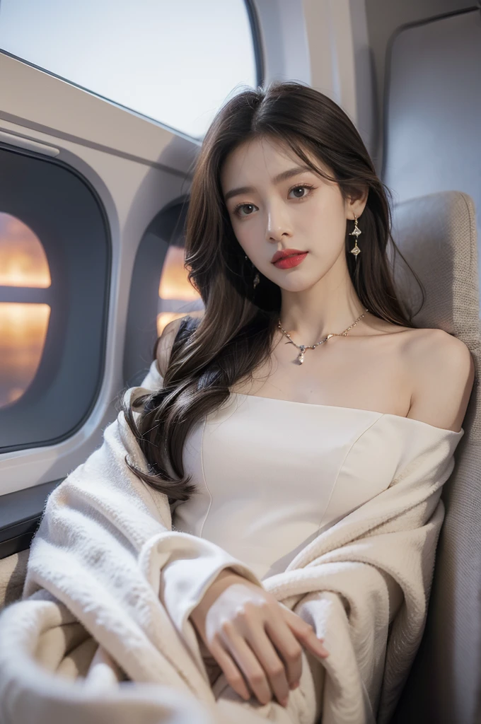 (((best quality))),(((ultra detailed))),(((masterpiece))),illustration,(a beautiful girl,female passenger,solo),(parted red lips),((slim,thin,small breasts,flat chest)),((earrings,crystal necklace)),(slender legs:1.2),(spread legs apart:1.3),summer night,((in airplane,economy class,indoor)),(blanket over shoulders:1.3),((dress)),(shoulder length straight bob hair:1.2),stars,moonlight,smooth flight,engine sound,lullaby,relaxed,excited,laughing,visiting family,comfortable seats,soft fabric,headrests,adjustable,beauty of night sky,dimmed lights,sleeping passengers,movies,personal screens,staying awake,magic of sky,joy of being with family,memorable journey,adventures,(surrounded by crowded crowds:1.3),(Outside the window is high-altitude night view:1.2),((from front,upper body))