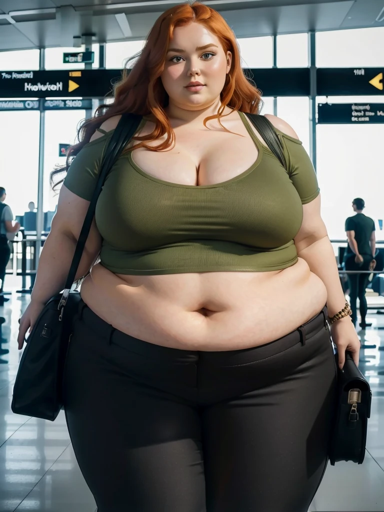 A plane passenger detailed photo of a Beautiful ginger SSBBW, with long wavy ginger hair, with big soft fat belly, thicc fat arms, thicc wide legs, big breast, in a cute green top tucked in her pants, and black pants, in an airport waiting for the plane, with only one big shoulder bag on her shoulder