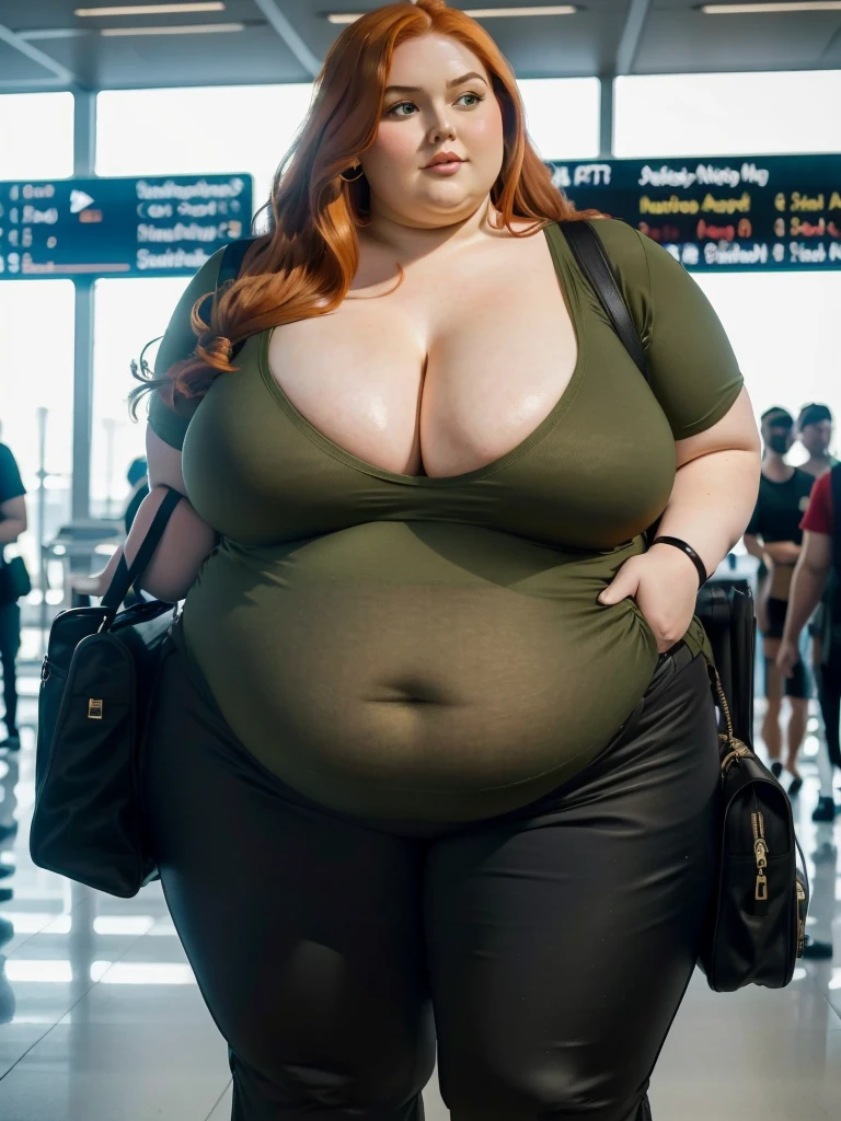 A plane passenger detailed photo of a Beautiful ginger SSBBW, with long wavy ginger hair, with big soft fat belly, thicc fat arms, thicc wide legs, big breast, in a cute green top tucked in her pants, and black pants, in an airport waiting for the plane, with only one big shoulder bag on her shoulder