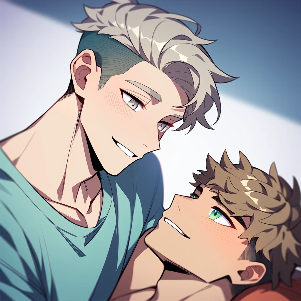 2 young men, focus man , Yaoi, pair,smile, short hair, gray blonde hair, Silver eyes,  brown hair, Undercut style, light green eyes , The best aesthetics , best quality, Amazing quality, The best aesthetics,Not wearing a shirt, naked,  penis, have sex , naked, 25+

