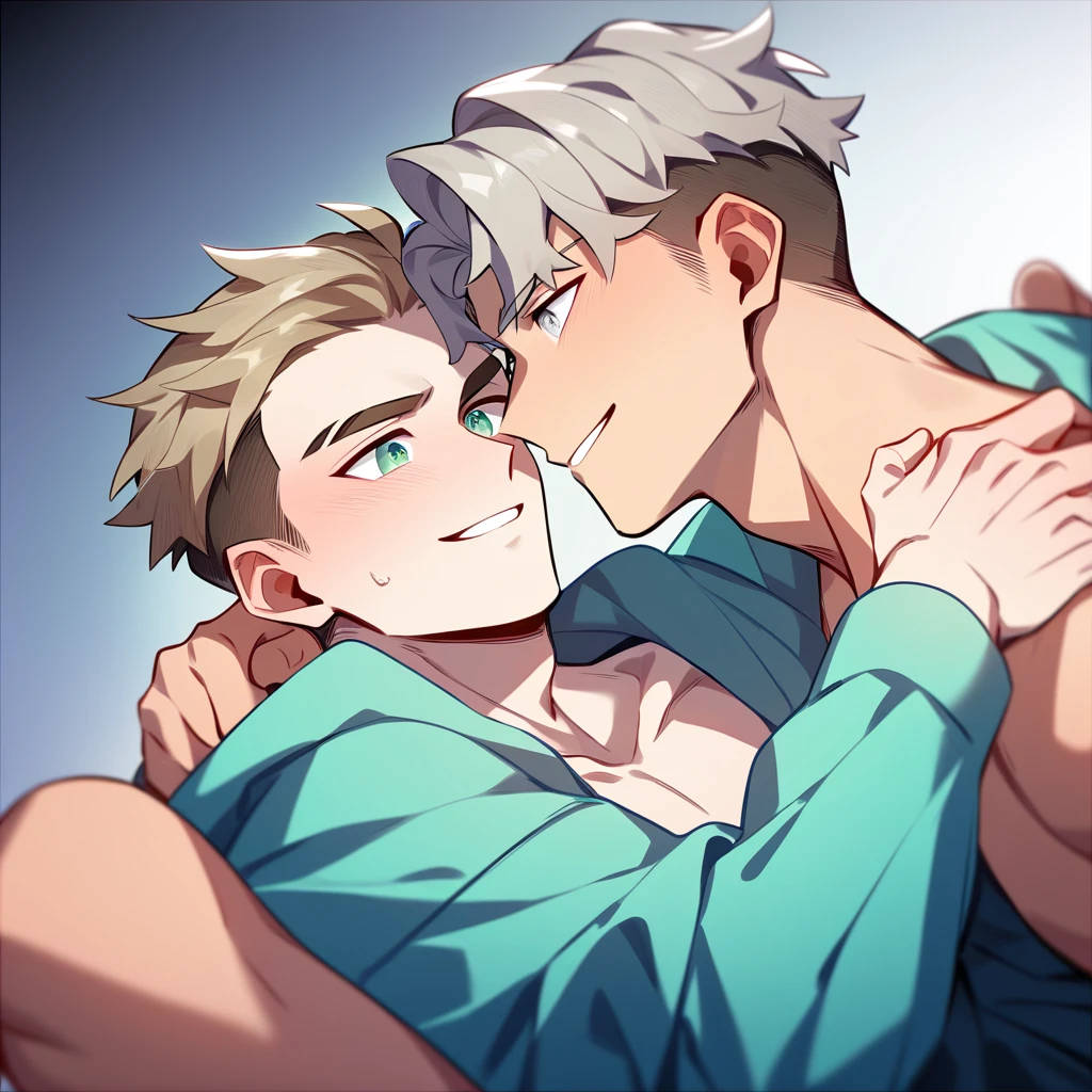 2 young men, focus man , Yaoi, pair,smile, short hair, gray blonde hair, Silver eyes, brown hair, Undercut style, light green eyes , The best aesthetics , best quality, Amazing quality, The best aesthetics,Not wearing a shirt, naked, penis, have sex , naked, 25+