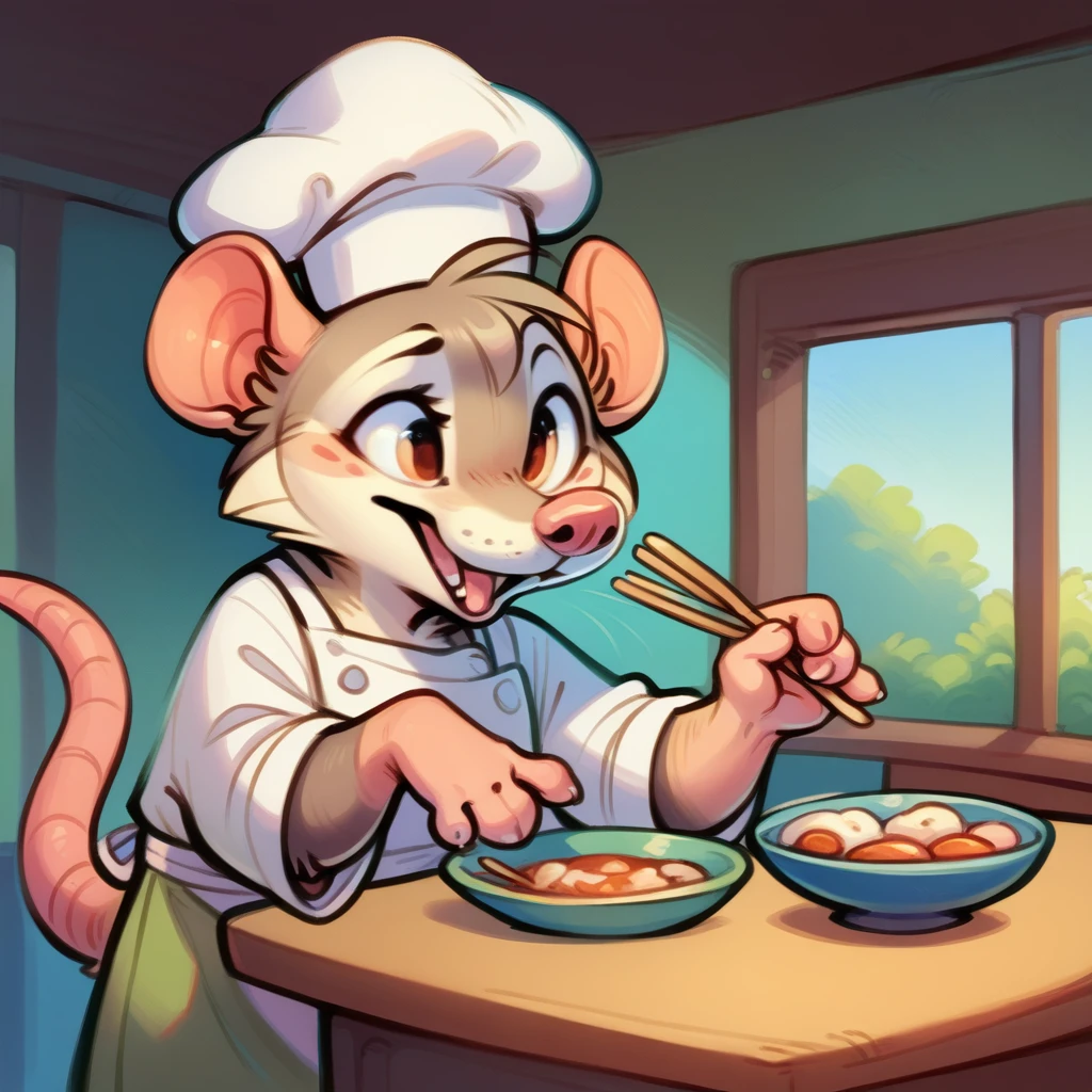 Rat chef, semi-anthropomorphic, holding a fork in his left hand and chopsticks in his right hand, crossed over his chest, happy and laughing expression, detailed facial features, chef hat, apron, detailed clothing, complex textures, high quality, realistic, 8K, masterpiece, cinematic lighting, warm tones