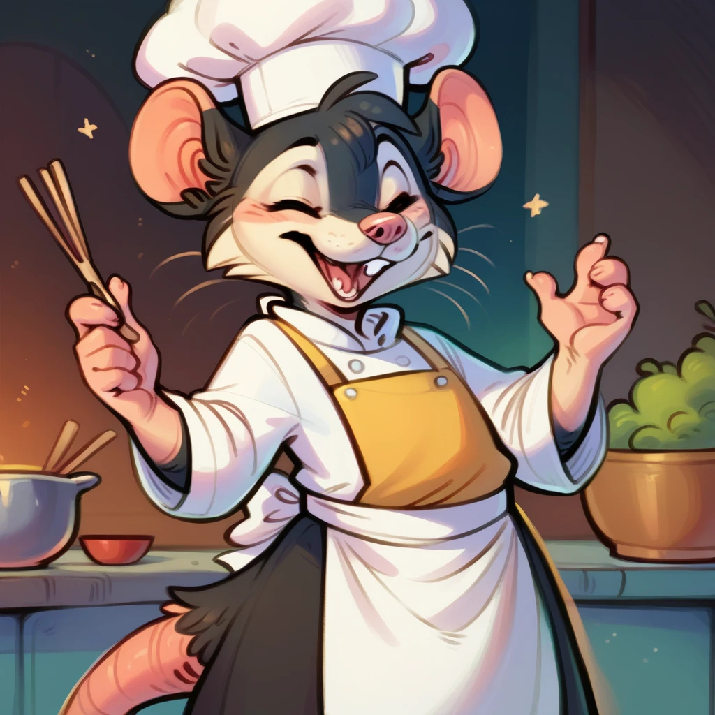 Rat chef, semi-anthropomorphic, holding a fork in his left hand and chopsticks in his right hand, crossed over his chest, happy and laughing expression, detailed facial features, chef hat, apron, detailed clothing, complex textures, high quality, realistic, 8K, masterpiece, cinematic lighting, warm tones