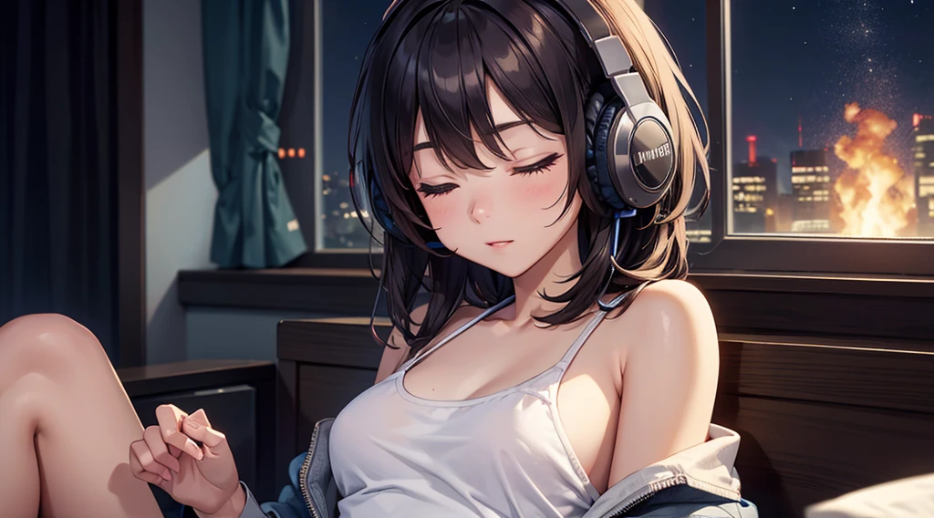 Girl with headphones enjoying music in a home I am studying Emphasize a little bit of the big chest Looking towards me with eyes closed Night Background