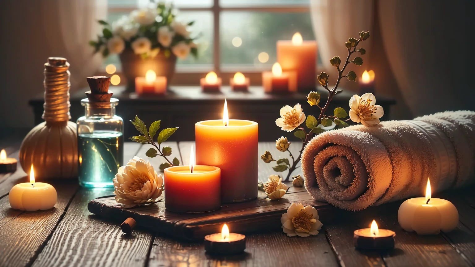 Candles and towels are arranged on a table with bottles and flowers, 心地よいCandlesライト, lit with Candles, lit Candles, room full of Candles, Beautifully illuminated, Relaxed atmosphere, 自然なCandles照明, Candles, glowing Candles, Warm and fun atmosphere, Beautiful atmosphere, Warm and beautiful scenery, Romantic atmosphere, Candlesライト, Candles in foreground, Shutterstock, Cozy atmosphere, Soft glow