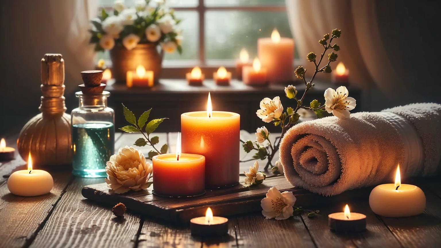 Candles and towels are arranged on a table with bottles and flowers, 心地よいCandlesライト, lit with Candles, lit Candles, room full of Candles, Beautifully illuminated, Relaxed atmosphere, 自然なCandles照明, Candles, glowing Candles, Warm and fun atmosphere, Beautiful atmosphere, Warm and beautiful scenery, Romantic atmosphere, Candlesライト, Candles in foreground, Shutterstock, Cozy atmosphere, Soft glow