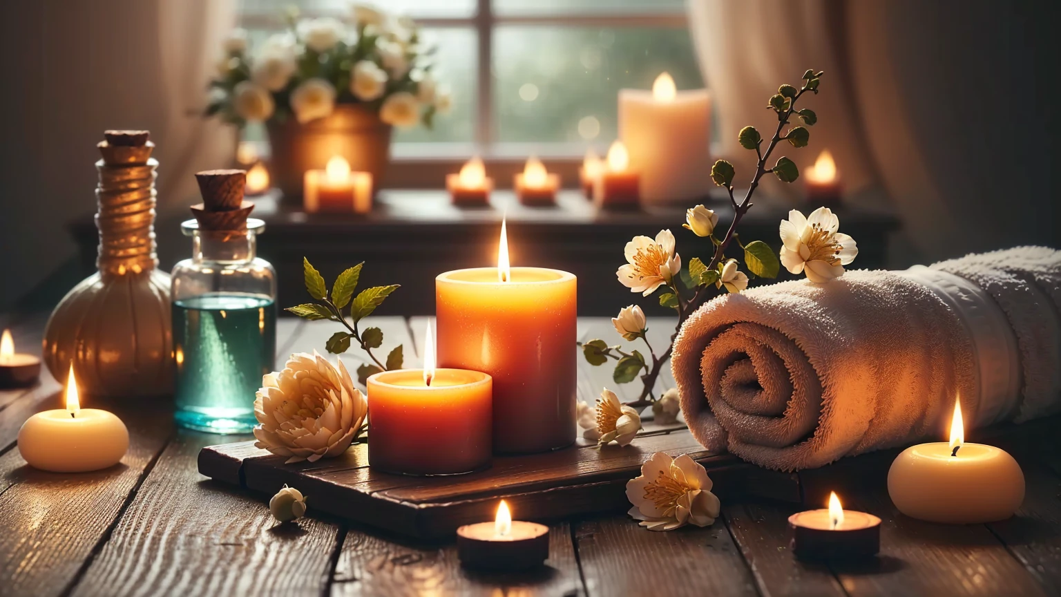 Candles and towels are arranged on a table with bottles and flowers, 心地よいCandlesライト, lit with Candles, lit Candles, room full of Candles, Beautifully illuminated, Relaxed atmosphere, 自然なCandles照明, Candles, glowing Candles, Warm and fun atmosphere, Beautiful atmosphere, Warm and beautiful scenery, Romantic atmosphere, Candlesライト, Candles in foreground, Shutterstock, Cozy atmosphere, Soft glow