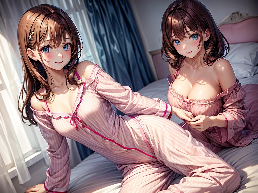 one cute woman, brown hair, blue eyes, (pink pajamas girly), transparent pajamas, in a girl's room, the pajamas are unbuttoned, she smiles, open shoulders, and nice hips, sexy pose, open breasts