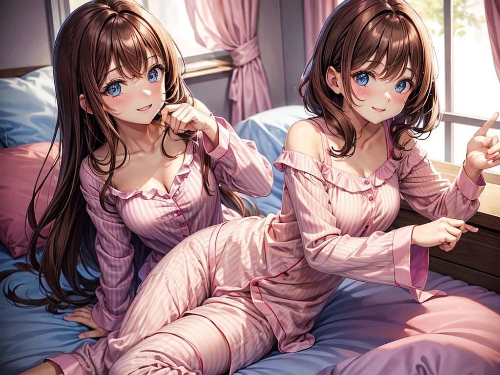 one cute woman, brown hair, blue eyes, (pink pajamas girly), transparent pajamas, in a girl's room, the pajamas are unbuttoned, she smiles, open shoulders, and nice hips, sexy pose, open breasts