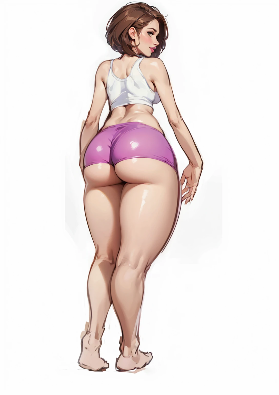 a beautiful woman artwork ultra detailed artwork, woman 32 years old beautiful face whim,very well lit perfect skin beautiful mouth lipstick mischievous smile, sexy face,ultra detailed dark brown hair.Natural brightness,very hot perfect body ,very hot huge breasts big breasts ,Breasts huge,Slim waist wide hips,perfect leg ,She wears very tight lycra shorts, drawing curves( big ass perfect big ass )White tank top
