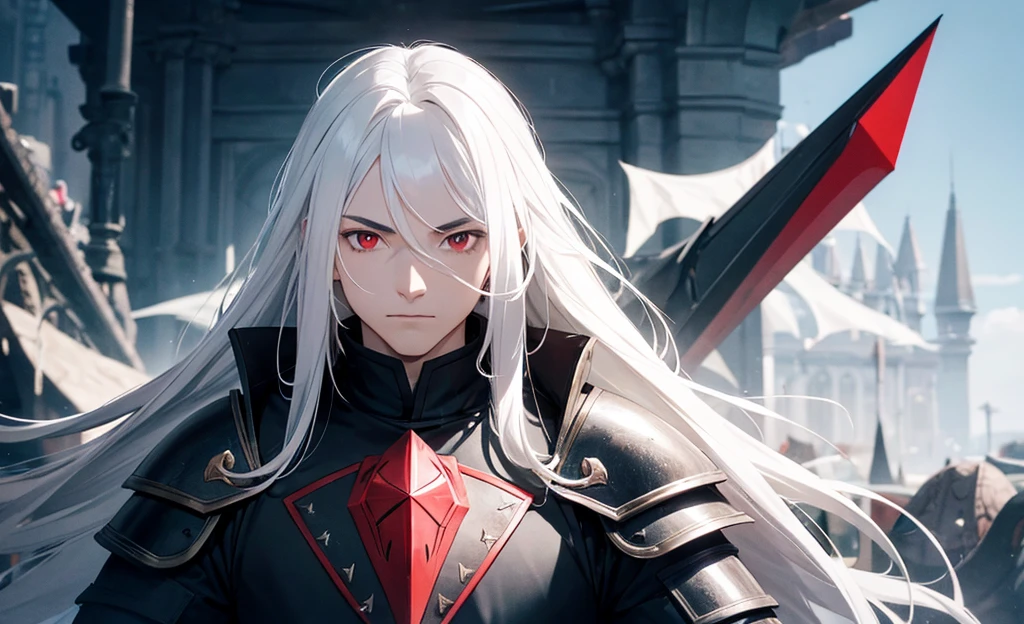 young man with long hair,white hair,red eyes,(oval face) Cold person (Triangular shaped head)Wearing black knight armor all over.,Ride the black dragon