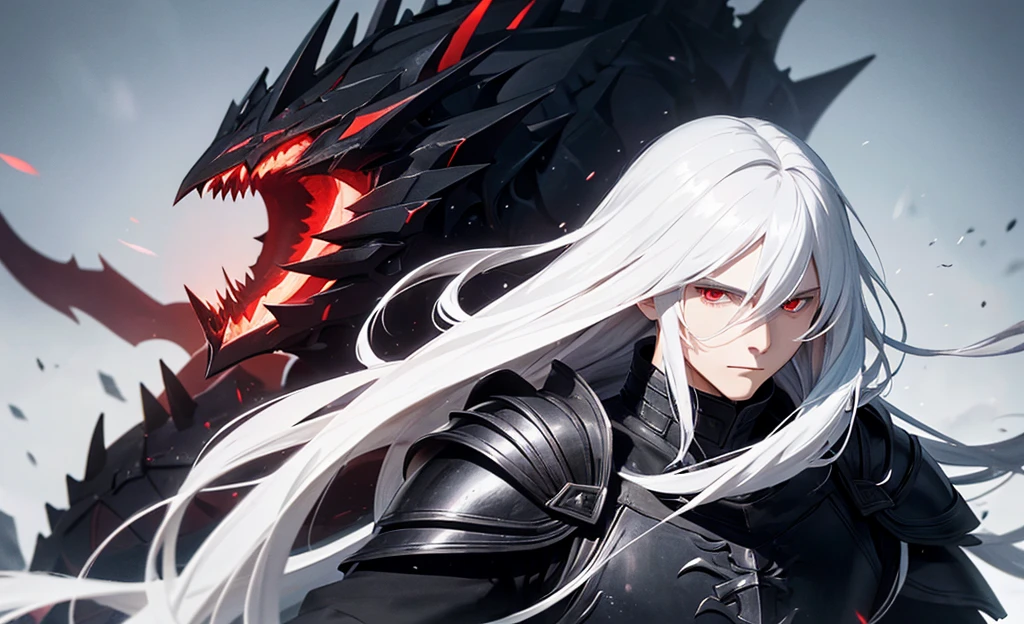 young man with long hair,white hair,red eyes,(oval face) Cold person (Triangular shaped head)Wearing black knight armor all over.,Ride the black dragon