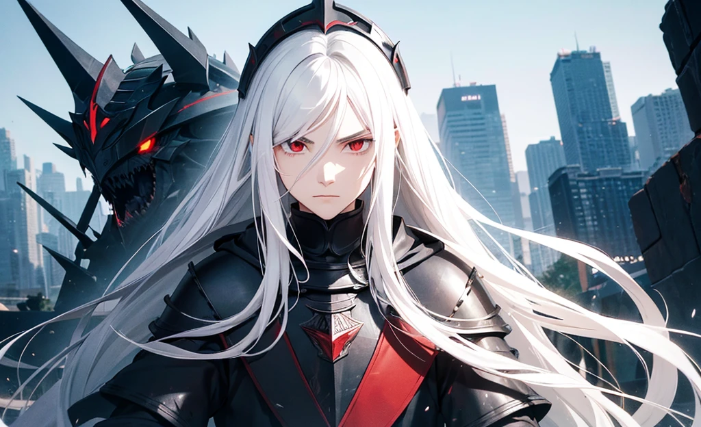 young man with long hair,white hair,red eyes,(oval face) Cold person (Triangular shaped head)Wearing black knight armor all over.,Ride the black dragon