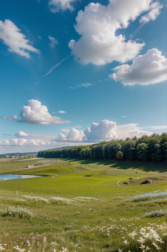 Realistic, authentic, beautiful and amazing landscape,petal grassland with blue sky and white clouds, 8k realistic, 