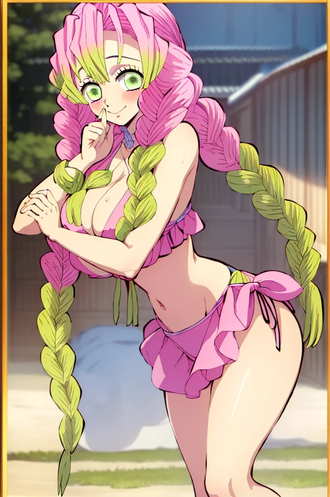 (masterpiece, best quality), intricate details,
MitsuriKanroji, kanroji mitsuri, 1girl, solo, long hair, winking, green eyes, pink hair, braid, green hair, twin braids, smile, cute smile, blushed smile, blush, blushing, large breast, huge breasts, bikini top, collarbone, neck, bare shoulders, pink bikini top, cleavage, plain background, white background, perfect shot, perfect framing, full body shot, posing, leaning forward, blowing kiss