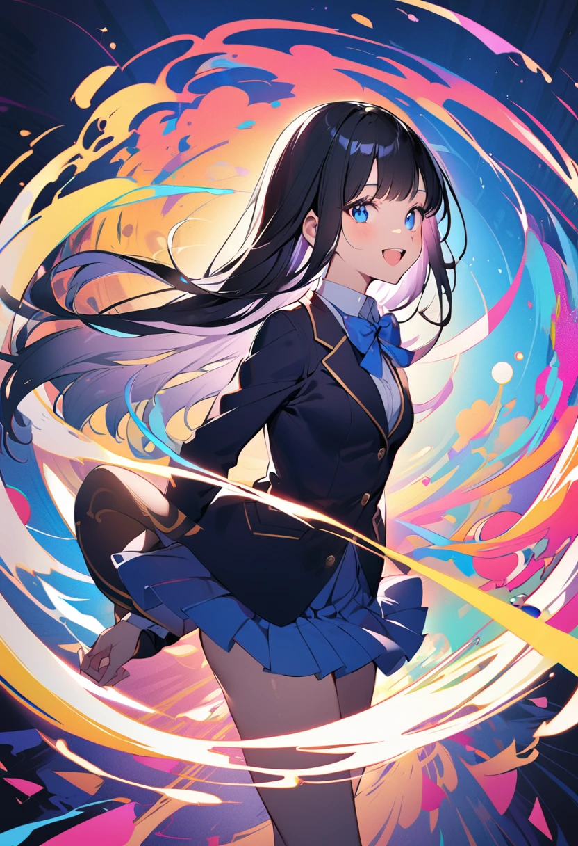 1 girl, long hair, black hair, straight hair, short bangs above brows, blue eyes, blazer white shirt, blue bowtie pleated skirt, happy, 
BREAK colorful anime-style illustration of a girl in a , Her silhouette is composed of dynamic, swirling patterns and vibrant circles, The background is a solid, bright yellow, creating a striking contrast with the intricate, multi-colored design of the girl