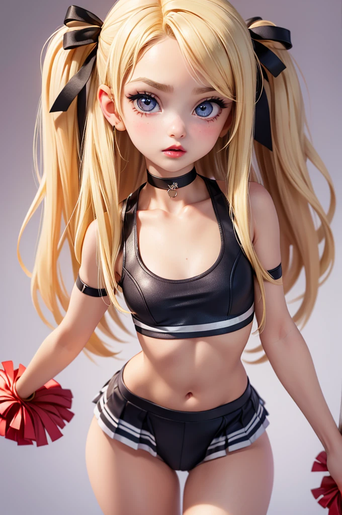 hyperrealistic  american teen, blondittle, perfect tiny body, sexy, dark makeup, small choker, perfect slim face, big red lips, very cute face, tiny body, big eyes, young looking, childish looking, cheerleader