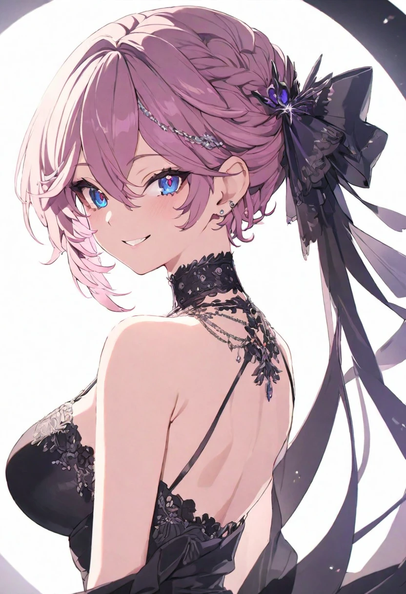 (muste piece), (best quality), very detailed eyes, expressive eyes, perfect face, very detailed face, highly detailed face, beautiful girl, 8K, beautiful girl, white background, delicate and beautiful face and eyes, dark intense shadow, 
1 girl, vtuber style, cool girl, hololive, Takane Lui, see-through:evening dress, big chest, cropped shoulders, clavicle from behind, looking back, smile, (whole body), standing,