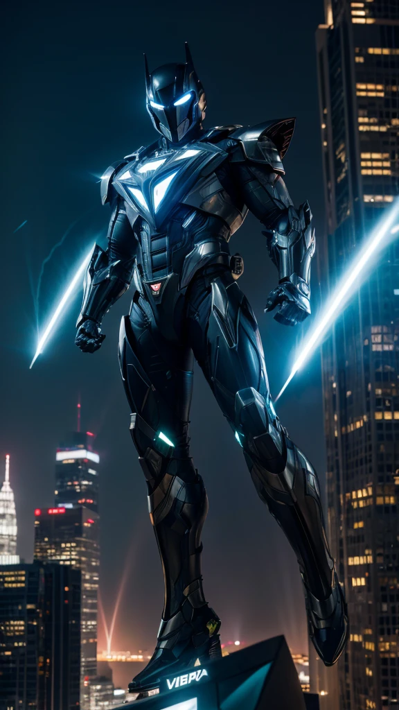 Masterpiece, best quality, NVIDIA RTX, sharp picture, cinematic lightning, hi-tech futuristic superman, perfect face, proportional body, luminous mecha-armor:1.3, glowing mecha armor:1.3, cape blown by strong winds:1.3, on top of a bulding, full body, epic lights reflection, night, smokes, gotham, from above