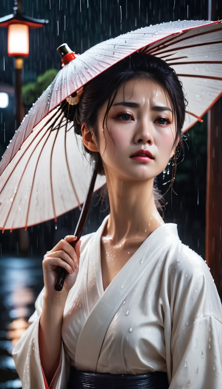 Woman soaked in the rain, A sad, despairing face, Wearing a plain white kimono, Dark Japanese shrine at night, Realistic, Breathtakingly high-quality photos,
