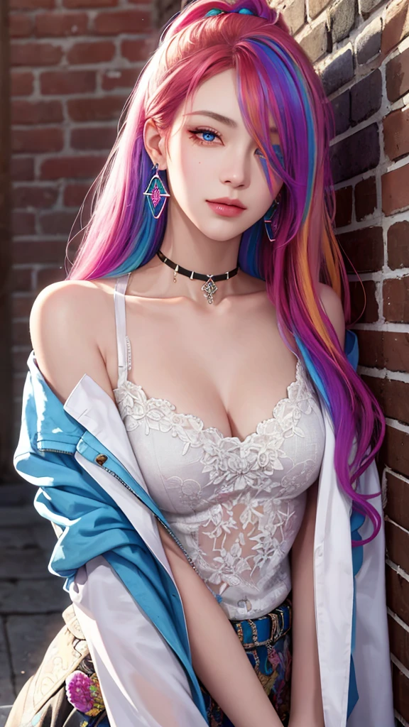 (masterpiece, best quality, 1girl, solo, intricate details, chromatic aberration), realistic, ((medium breath)),long hair, rainbow hair, red head ornament, colorful highlights, hair over one eye, detailed eyes, earrings, sharp eyes, choker, neon long shirt, open jacket, (symmetry eyes),(perfect symmetrical body),against wall, brick wall, graffiti, dim lighting, alley, look at viewer, attractive style,
