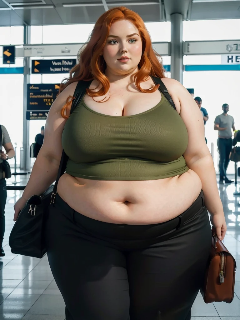 A plane passenger detailed photo of a Beautiful ginger SSBBW, with long wavy ginger hair, with big soft fat belly, thicc fat arms, thicc wide legs, big breast, in a cute green top tucked in her pants, and black pants, in an airport waiting for the plane, with only one big shoulder bag on her shoulder