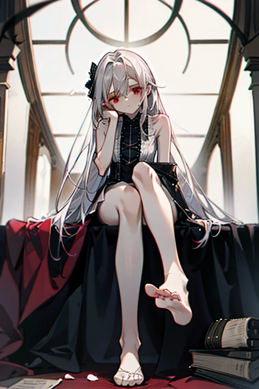 Young girl, long white hair, red eyes, rose in hair, blood blade, white dress, sleeveless, no shoes, blood, Masterpiece, best quality, Full HD, 8k, ultra details, great graphic