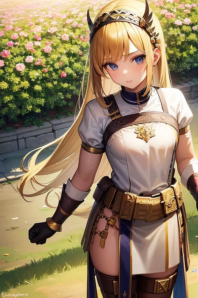 girl, roman warrior, princess blade , 14 yenager girl,, l breasts, mini cropped, valkyrian princess ,blonde, detailed face, beautiful, confiant, background in uk land with flowers